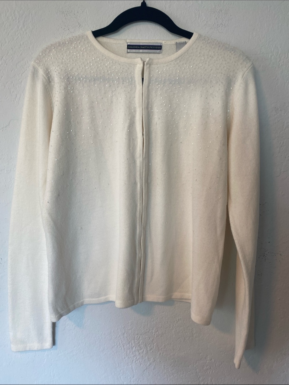 Amanda Smith Cream Beaded Crewneck Cardigan
